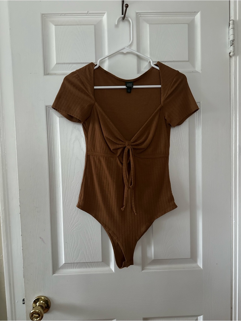 wild fable Brown Ribbed Tie-Front Short Sleeve Bodysuit
